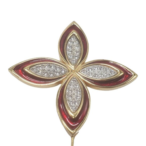 Vtg Monet Quatrefoil Stick Lapel Pin Brooch 4" Red Enamel Gold Tone Rhinestone - Picture 3 of 8